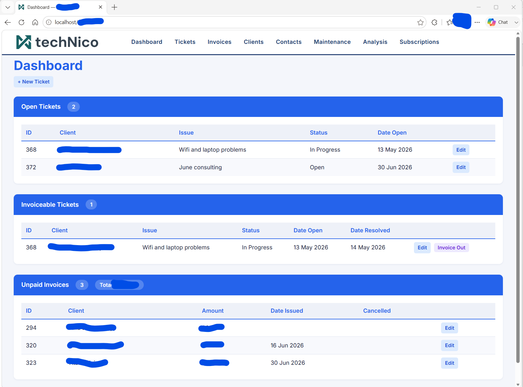 Screenshot of techNico's own ticketing and invoicing dashboard, showing open tickets, invoiceable work and unpaid invoices