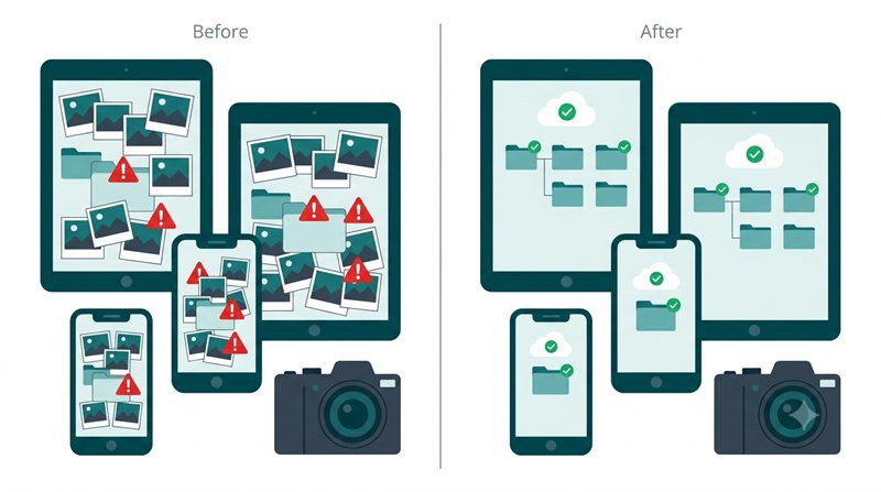 Files scattered across phones, tablets and cameras on one side, and the same files filed into a single synced cloud structure on the other