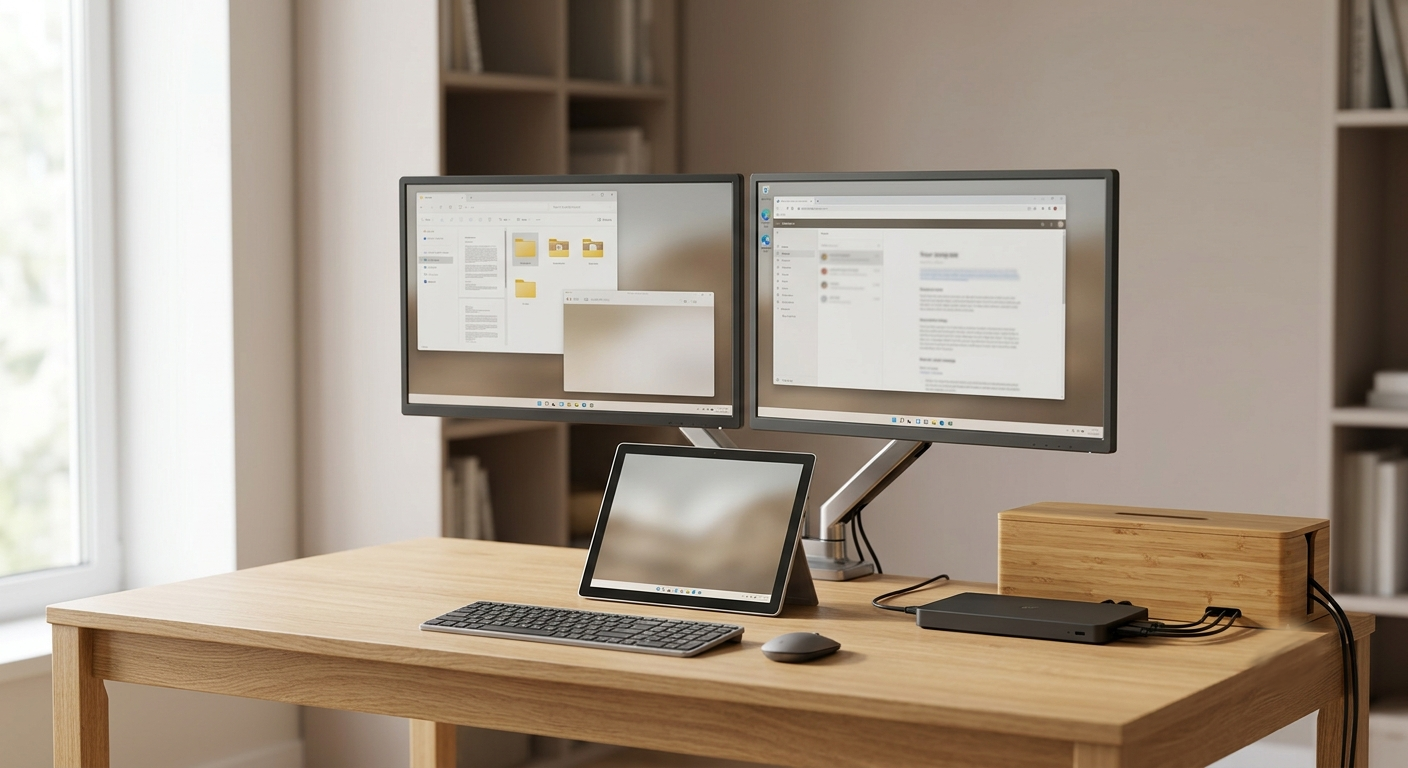 A clean home office desk setup with dual monitors on an arm stand, a tablet, dock and cable management box