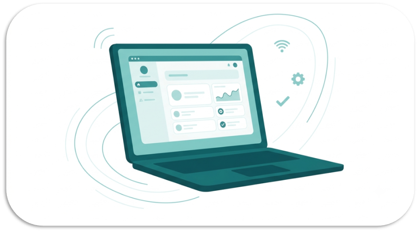 Illustration of a laptop with a clean support dashboard, surrounded by connectivity and status icons, on a white card