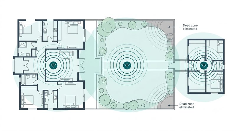 Floor plan of a large property showing mesh WiFi coverage extending across the courtyard and garden to the flat above the garage