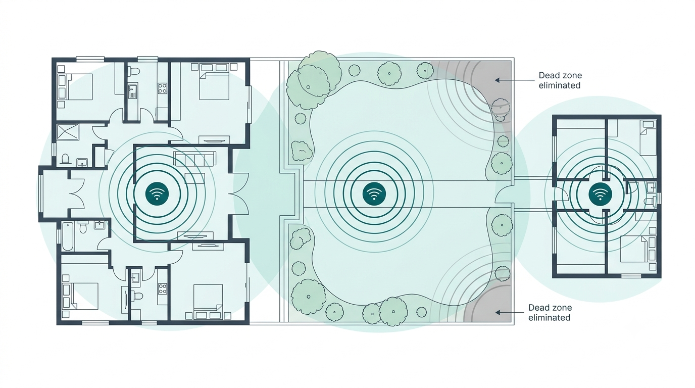 Floor plan illustration showing WiFi mesh coverage across a large property with dead zones eliminated