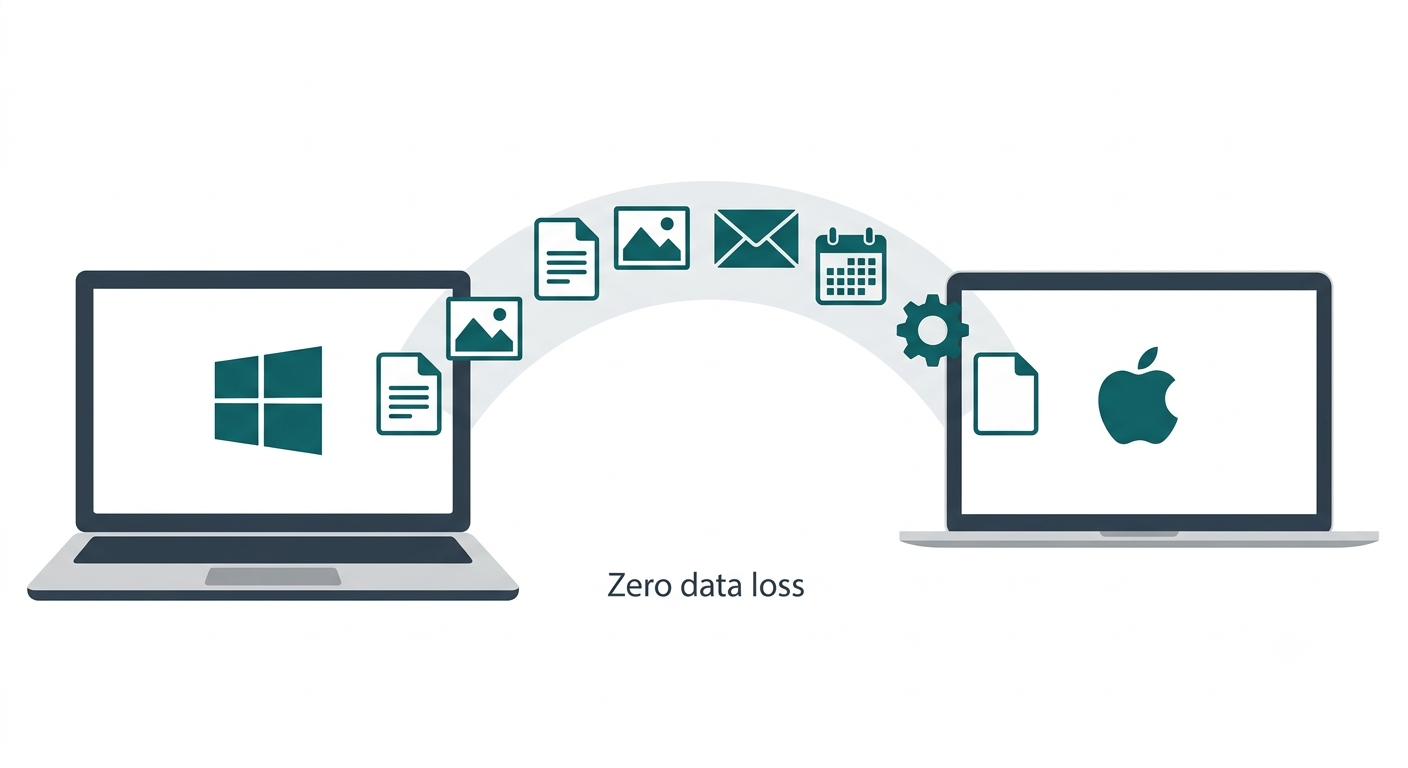 Illustration showing files and data migrating smoothly from a Windows laptop to a Mac laptop