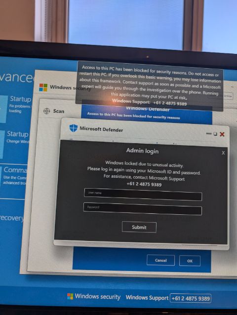 Screenshot of an actual fake Microsoft Support scam popup encountered during a client job