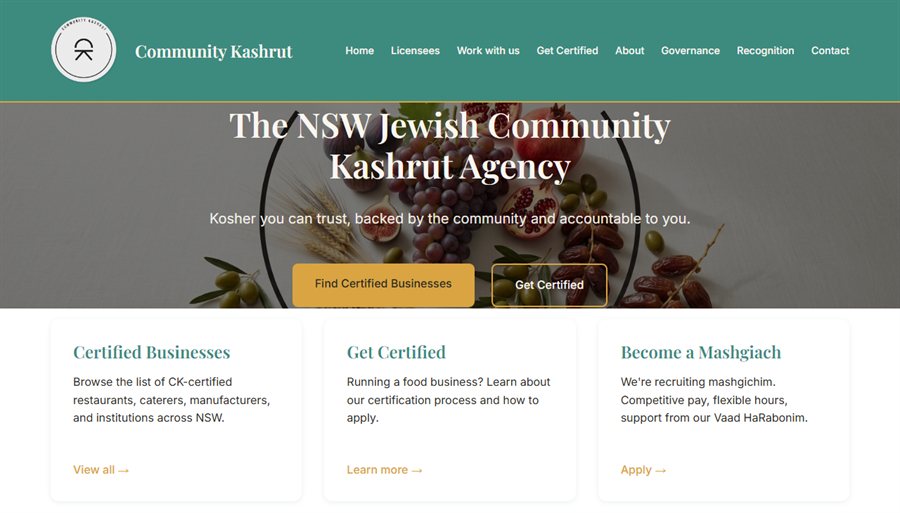 The Community Kashrut homepage, with its certification agency banner and routes to certified businesses, certification and mashgiach recruitment